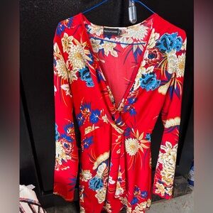 PrettyLittleThing Coral-Red Floral Dress with Blue Accents